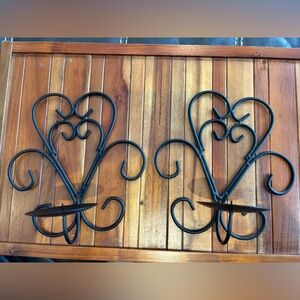 2 Black Wrought Iron Scroll Heart Metal Wall Sconce Pillar Candle Holders